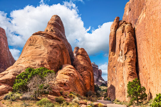 Devils Garden Trail Canyon entrance in Arches National Park, Utah. Devils Garden is located at the very end of the park road, 18 miles north of Arches Visitor Center