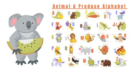 Animal and produce alphabet. Poster for preschool children. ABC book symbols pack. English language fun studying for kids.