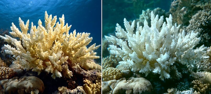 Comparison of healthy and bleached coral in the ocean, illustrating the stark visual impact of coral bleaching events on marine ecosystems