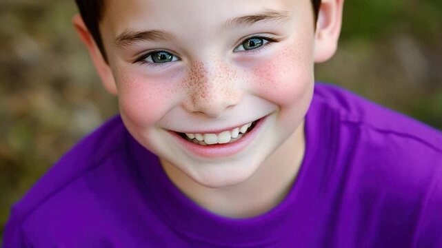 Video A young boy with freckles smiles, great for kids' and family related projects