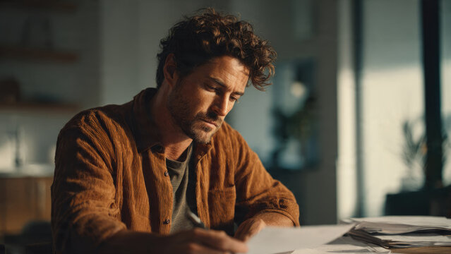 A focused man with curly hair and a beard diligently reviews documents, writing at his desk in warm, subdued lighting, tackling paperwork.