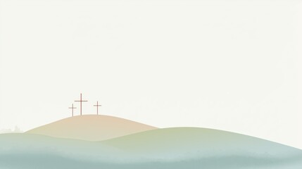 Three crosses on a soft pastel hillside, minimalist Christian background with empty space for text, designed as a calm and inspirational backdrop for worship songs or faith-themed posters.