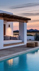 Serene evening at a modern architectural villa by the poolside