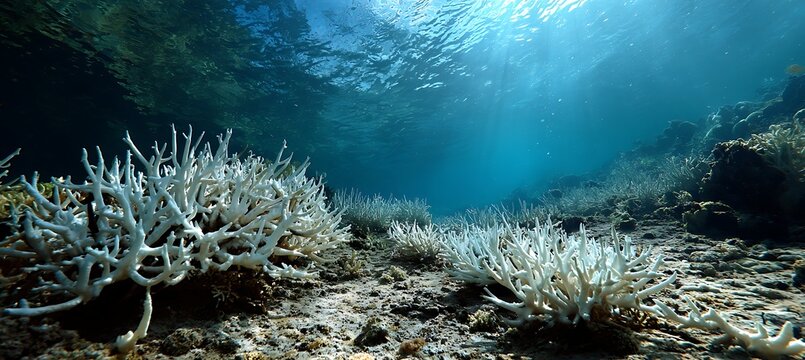 Underwater view of bleached white coral colonies on the seabed illuminated by bright sunlight filtering through the ocean surface