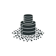 Black and White Database Stack with Network Nodes Data Storage Icon for IT and Business Technology