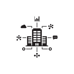 Black and White Vector Icon of Corporate IT Network with Cloud Analytics Communication and Connected Devices