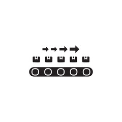 Black and white vector icon of conveyor belt with moving packages for logistics automation and business technology