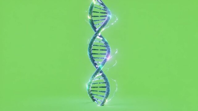 DNA Helix with Green Backdrop: A vibrant and luminous DNA helix, a symbol of life's blueprint, stands out against a vivid green backdrop, representing the essence of biology and genetic science.