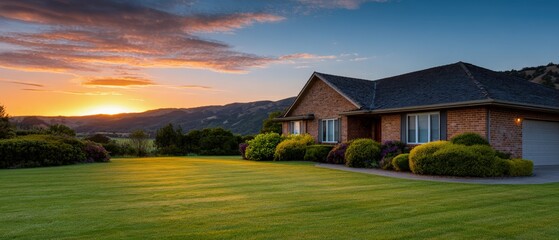 Sunset over a suburban house with well-kept lawn and scenic mountain backdrop