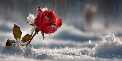 Stunning Romantic Red Rose Blooms Amidst Snowfall in a Serene Winter Wonderland Landscape