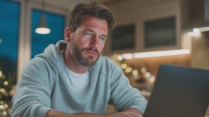 Person working alone at night at a kitchen table illuminated by blue computer light with cinematic mood of solitude.