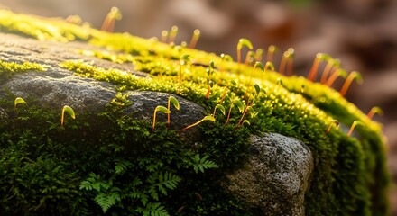 Fototapeta premium Mossy rock macro photography: close up of green moss and small plants growing on a rock surface nature photo
