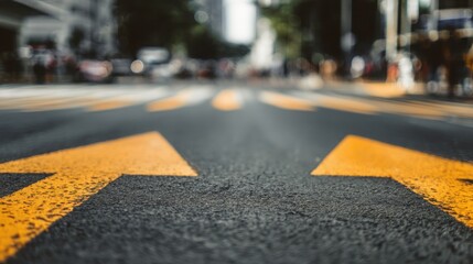 urban navigation scene bright day modern crosswalk arrows painted on asphalt minimalistic composition strong contrast crisp details high selling