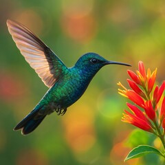 Fototapeta premium Vibrant blue hummingbird hovering near red tropical flower