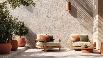 A serene outdoor patio features two modern wooden armchairs with earthy cushions. Potted plants and sunlit shadows enhance this tranquil, inviting space.