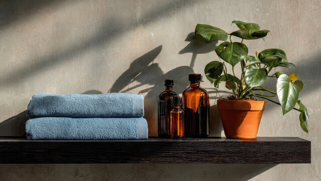 A minimalist shelf featuring neatly stacked blue towels, amber glass bottles, and a vibrant potted plant, bathed in natural light with interesting shadows.