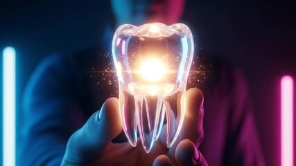 Glowing glass tooth held by hand, symbolizing dental innovation and bright future - Powered by Adobe