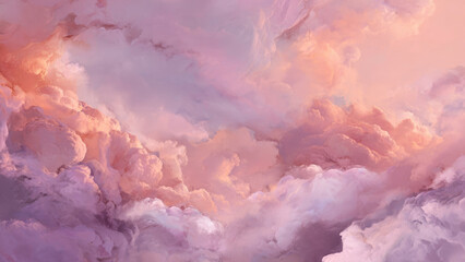 An ethereal sky filled with voluminous clouds painted in soft hues of pink, orange, and purple, evoking a dreamy, atmospheric landscape.