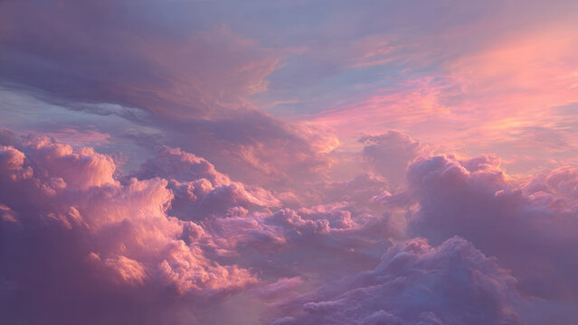 Vast sky adorned with ethereal clouds, glowing in soft pinks and purples. A stunning, serene, and dreamy twilight or dawn panorama.
