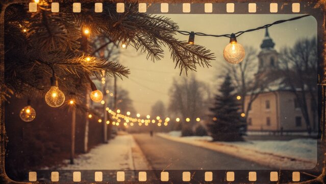 Vintage Christmas Lights Snowy Winter Street Evening