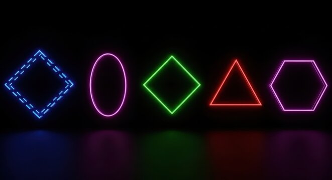 Various neon geometric shapes glowing on a reflective black surface