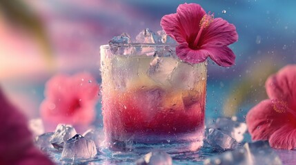 vibrant layered cocktail with ice cubes and pink hibiscus flower, tropical summer drink, bright and colorful, glass condensation, exotic