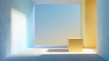 Abstract minimalist scene with a golden cube in a light blue and yellow architectural space, bathed in soft light.