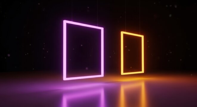 Two glowing square frames in pink and yellow on a reflective surface - Powered by Adobe