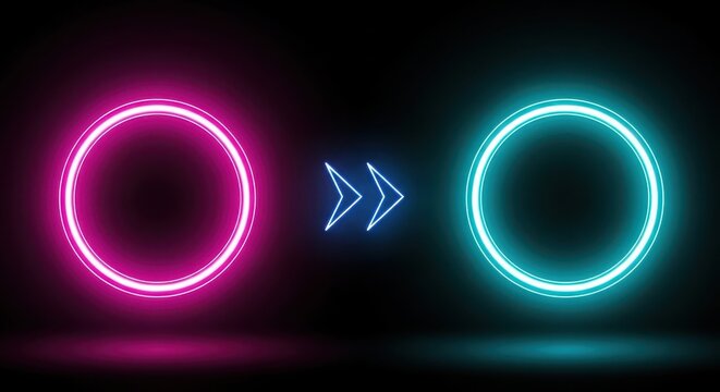 Neon circles with arrow shapes between them on a black background - Powered by Adobe
