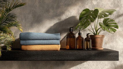 A serene bathroom shelf features stacked blue and yellow towels, amber soap dispensers, and lush green plants with natural sunlight.