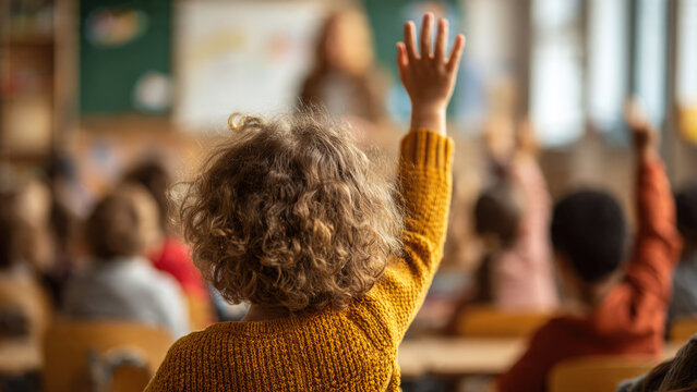 A young student with curly hair raises their hand in a classroom, eager to answer a question or participate in a lesson.