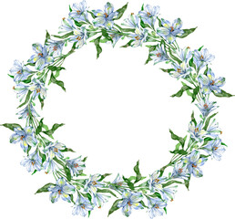 Elegant watercolor wreath made of delicate white and light-blue alstroemeria flowers arranged in a soft circular frame. Lush green leaves add freshness, making the design perfect for wedding stationer