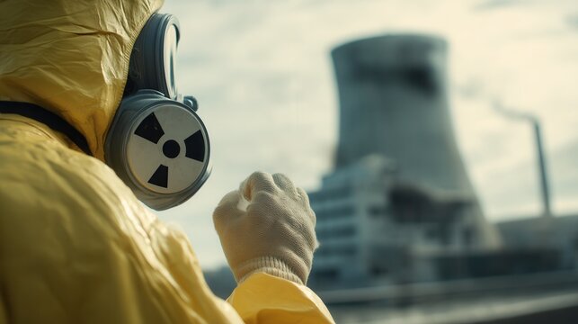 Person in yellow hazmat suit and gas mask looks at nuclear tower. Concept of radiation danger, pollution, or apocalypse. Suitable for environmental or sci-fi themes.