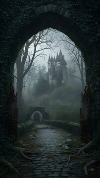 castle in the fog abandoned forest 
