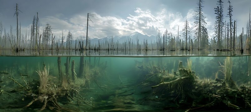 Splitlevel view of a clear lake showing submerged aquatic vegetation and dead standing trees above the water line