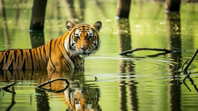 Powerful striped bengal tiger submerged in water looking ahead