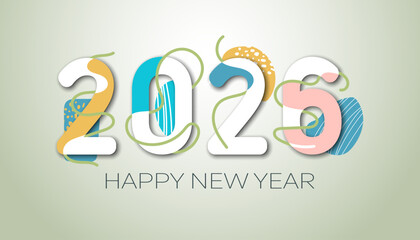 Happy New Year 2026 simple linear banner background design. firecrackers and confetti template of numbers 2026  card, cover, poster, labels isolated on colorful