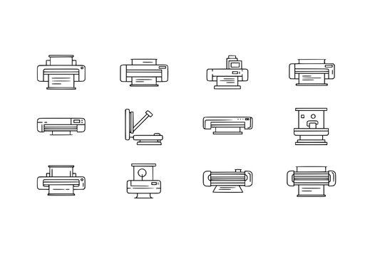 Printer line icon set. Large format printing, plotter, scanner, cutting machine minimal vector illustrations. Simple outline signs for printshop. Editable Stroke