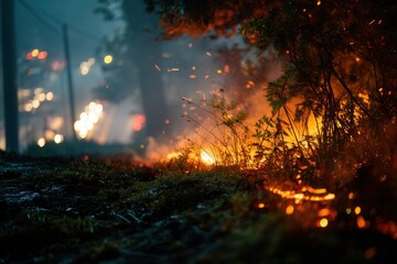 Fototapeta premium Wildfire burning in a forest at night with orange flames and flying sparks. A dramatic scene of destruction and danger, ideal for ecology, emergency, and environmental disaster concepts.