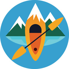 Recreational kayak gliding through a scenic mountain river landscape Vector illustration