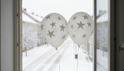 Two star-patterned balloons floating by window with snowy street view
