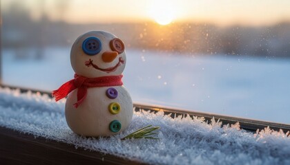 Cheerful snowman figurine with buttons and scarf sitting on frosty windowsill at sunrise
