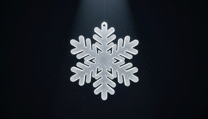 White snowflake ornament hanging against dark background with spotlight
