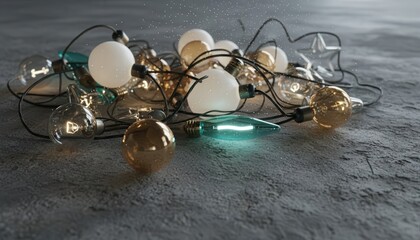 Decorative string lights with various shapes on textured gray surface
