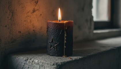 Burning star-patterned candle on rustic windowsill in soft light
