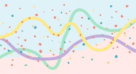 Abstract background with colorful wavy lines and falling confetti