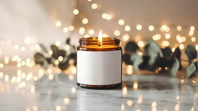 candle jar Mock up with a blank white label, on a marble surface with soft golden light. for Product Mockups and Branding
