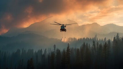 A firefighting helicopter flies over a burning forest with thick smoke. The scene captures wildfire intensity at sunset with dramatic orange lighting for disaster and climate news.