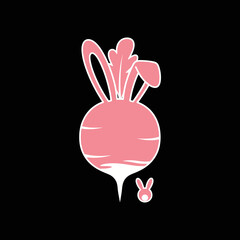 Pink radish icon with rabbit ears and a small bunny head vector illustration isolated on white background