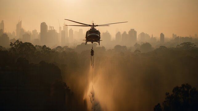 Helicopter with water bucket flies over forest against city skyline in orange haze. Dramatic scene depicts aerial firefighting efforts during wildfire emergency near urban zone.